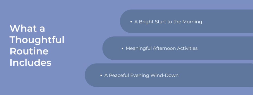 Infographic that says 'What a Thoughtful Routine Includes, A Bright Start to the Morning, Meaningful Afternoon Activities, A Peaceful Evening Wind-Down'