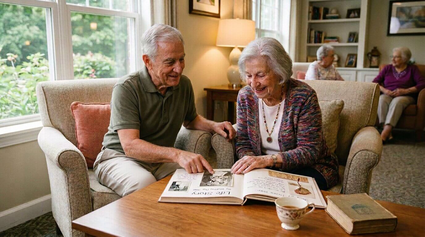 Two older adults looking a personalized life story album about them.