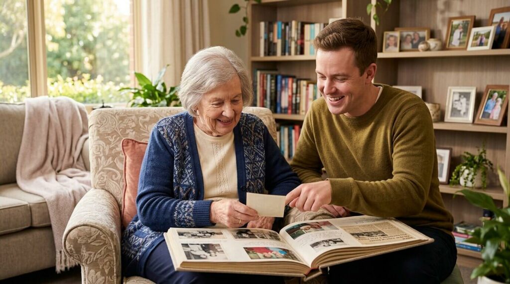 An adult family member smiles while looking through an old photo album with a resident in memory care.