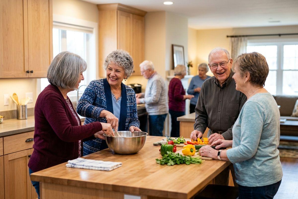 A group of seniors in assisted living chop vegetables and cook together in a large kitchen.