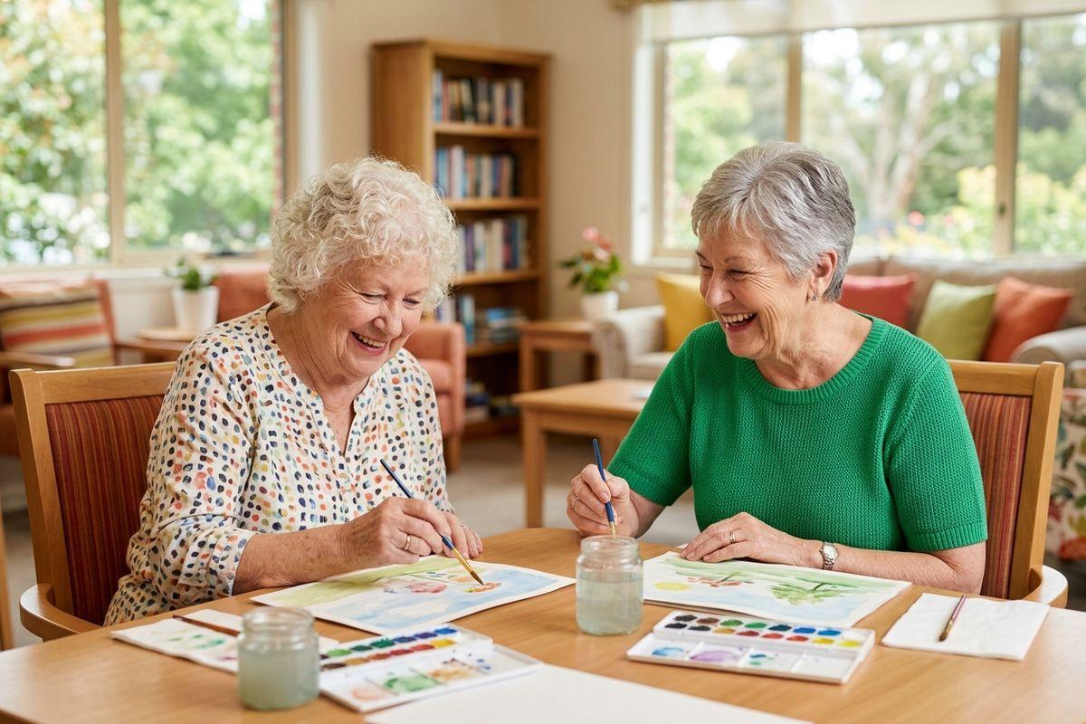 Two friends sit and paint with watercolors while laughing and enjoying each other's company.