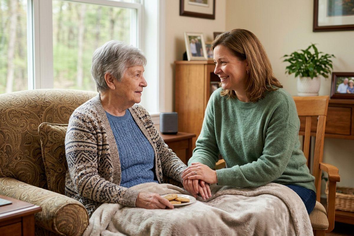 A family member visits their older loved one in memory, sharing a blanket and a plate of cookies as they sit together.