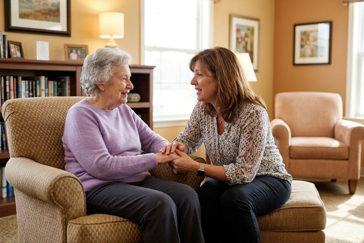 A family member sits with their older adult parent in their memory care apartment, sharing a moment of connection.