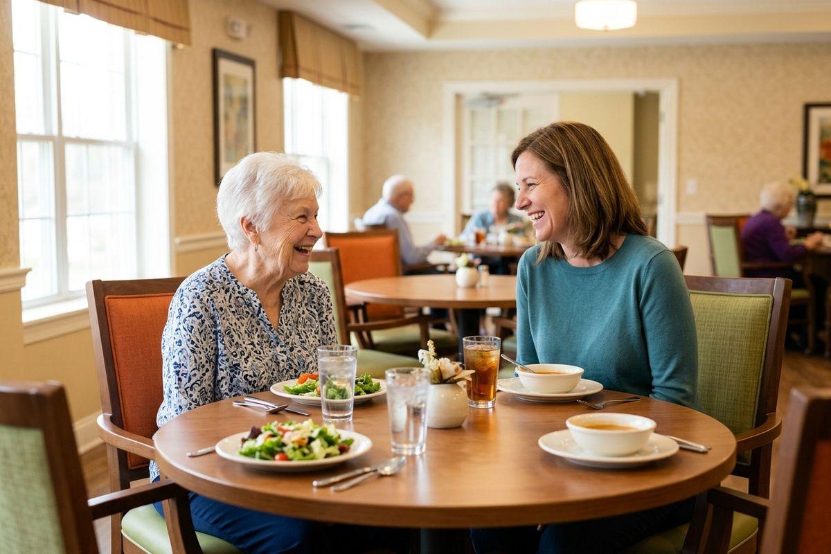 A young adult and an older adult enjoy a meal together, smiling and laughing at a dining table in a bright room.
