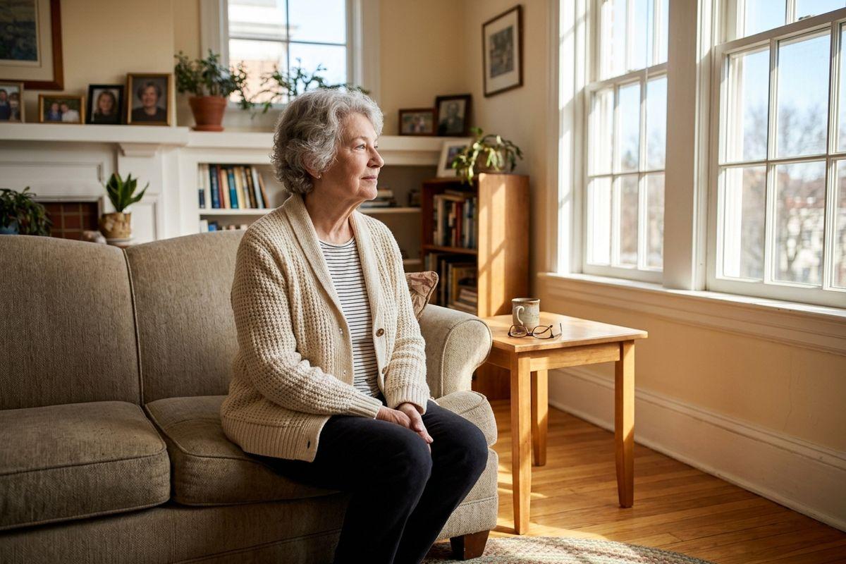A senior in a cream cardigan sits on a sofa in a sunlit living room, looking toward the window; a mug and glasses rest on a side table.