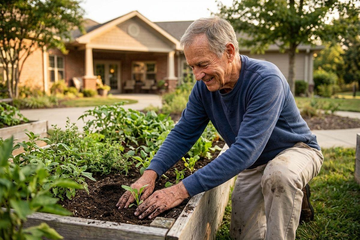 A senior smiles while planting a seedling with bare hands in a raised garden bed outside a house.